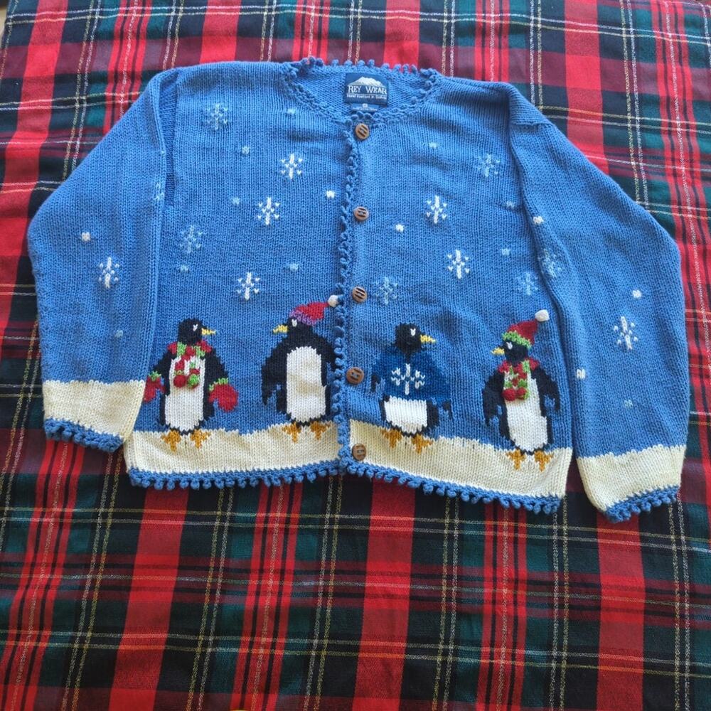 Hand Knitted in Bolivia Blue Winter Scene Cardigan Sweater Penguins & Snowflakes